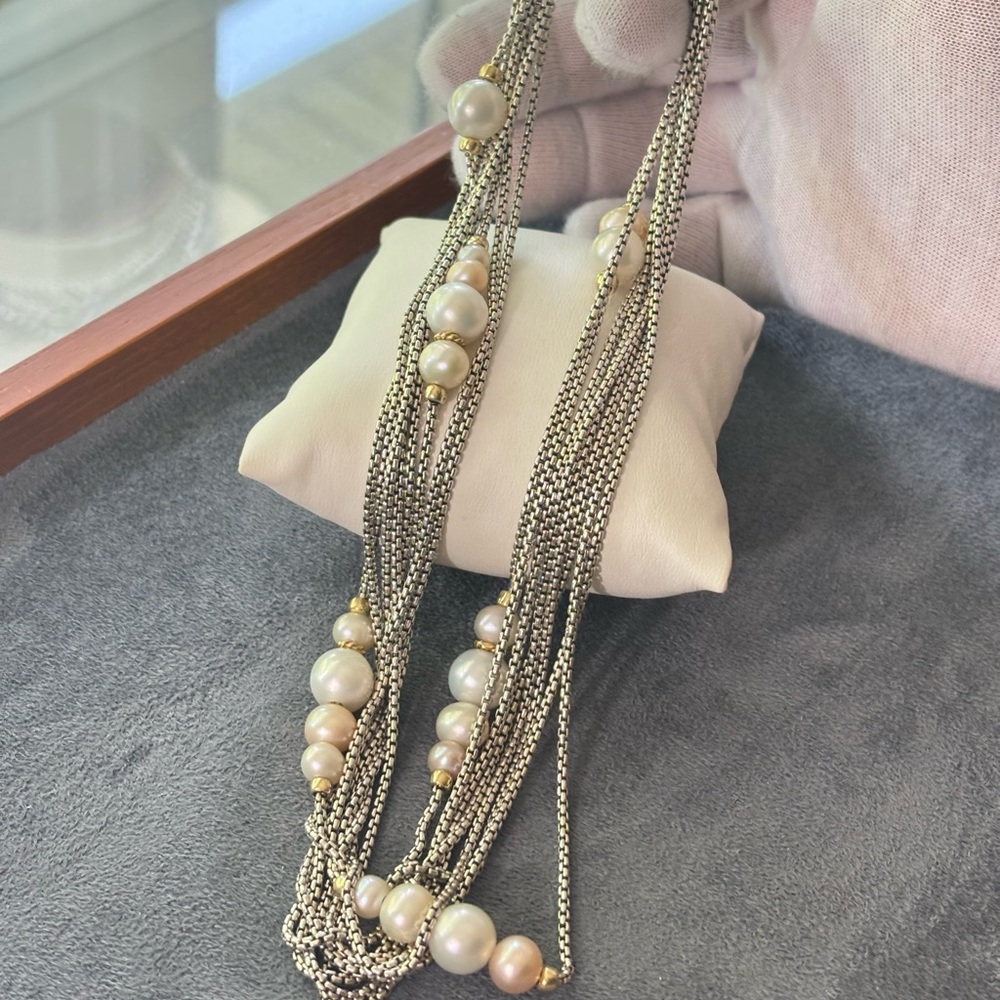David Yurman 925 & 18k Gold Multi-Strand Pearl Station Necklace 15.5" - Picture 10 of 10